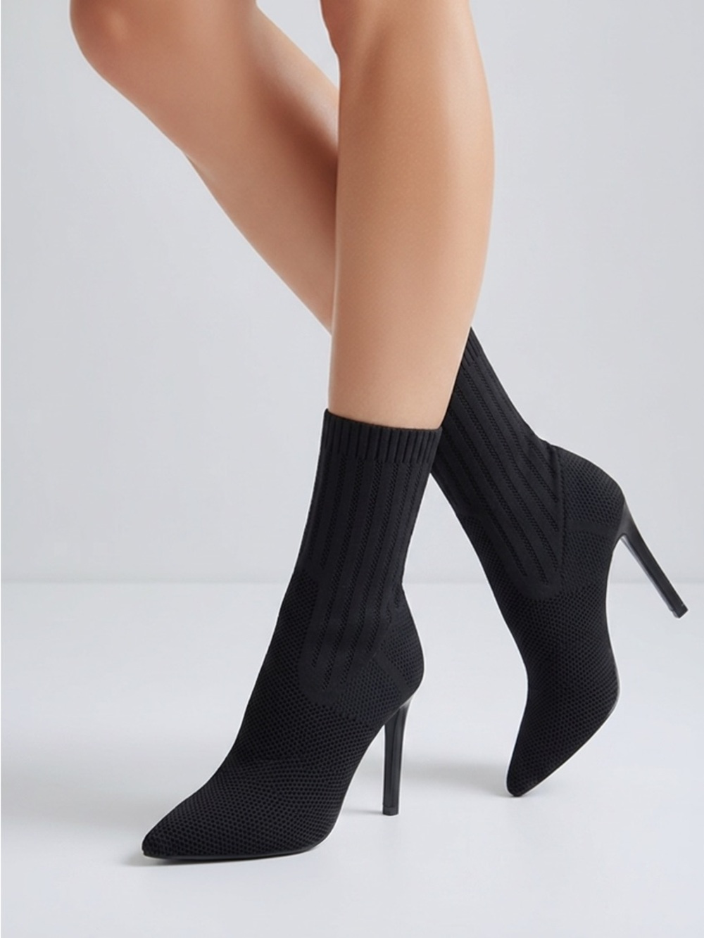 Steve Madden Discreet Black Knit Sock Stiletto Booties - Women Shoes